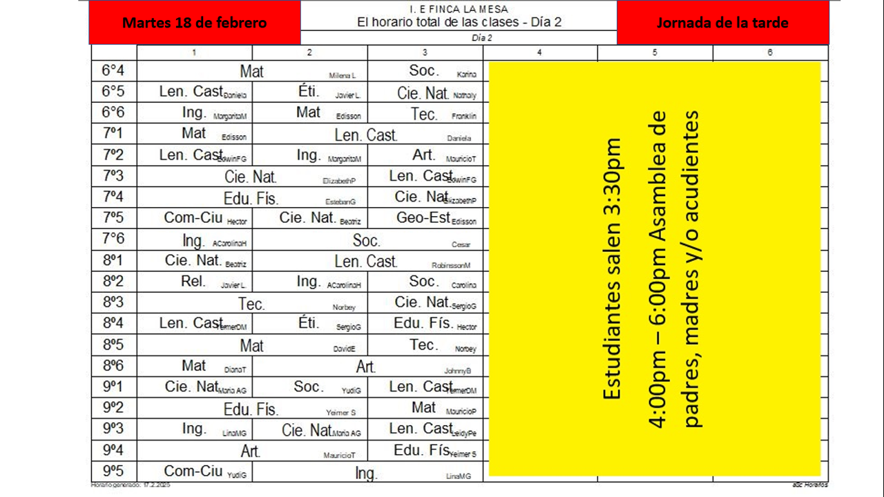 Novedades jornada tarde-martes 18 de febrero